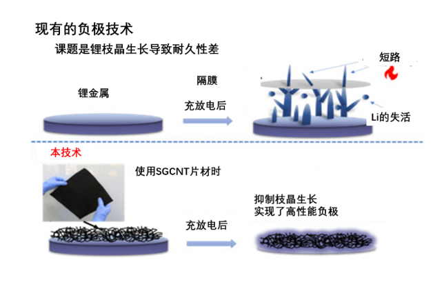 抑制锂枝晶的碳纳米管负极的开发——大幅提高电流密度和寿命，实现大容量锂金属电极